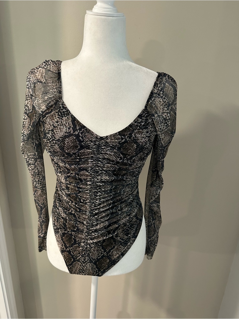 Ruched Snake-Print Long Sleeve Bodysuit - Black/Brown